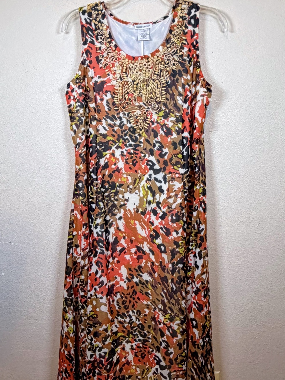 Jessica London White, Coral Brown Multi-Color Sleeveless Beaded Neckline Dress.